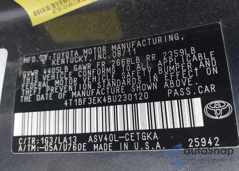 2011 Toyota Camry Xle из США, поврежденный, VIN 4T1BF3EK4BU230120